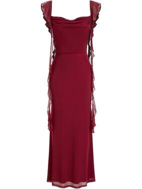 🆕 Women's Burgundy Ruffle Sleeveless Mesh Formal Wedding Maxi Dress